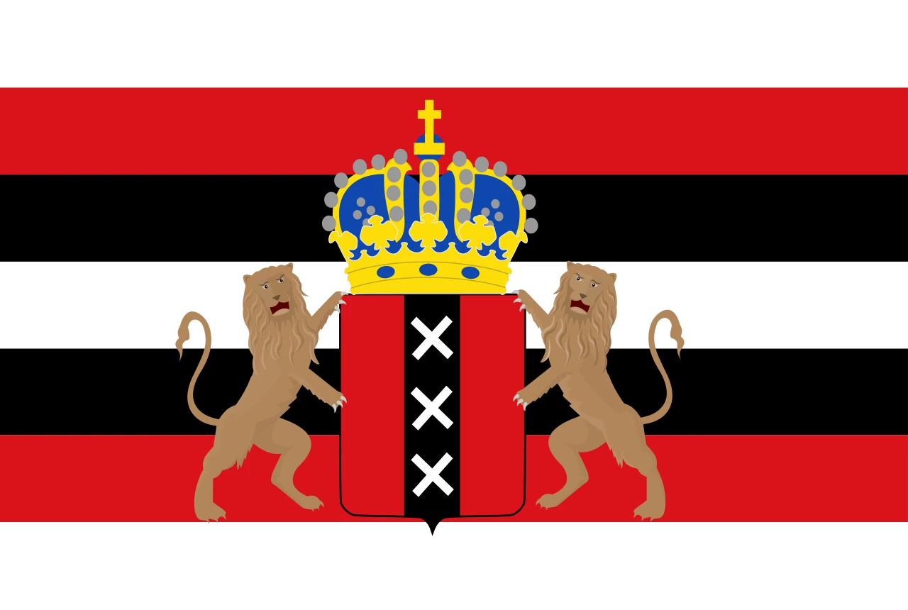 Bandera antiga d’Amsterdam: franges vermelles, negres i blanques amb l’escut de la ciutat, la corona i dos lleons al centre
