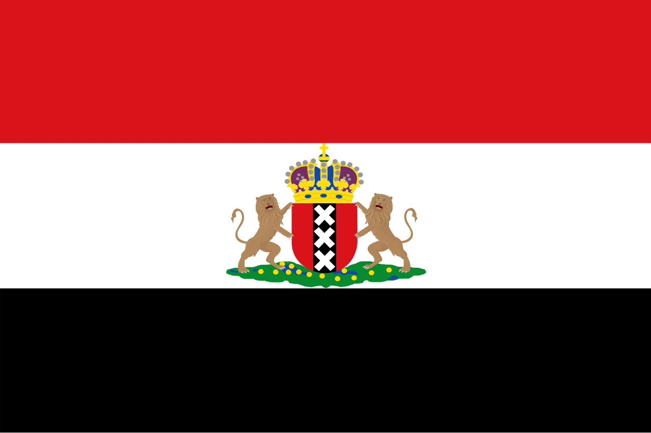 Tricolor horitzontal vermell, blanc i negre amb l’escut d’Amsterdam al centre