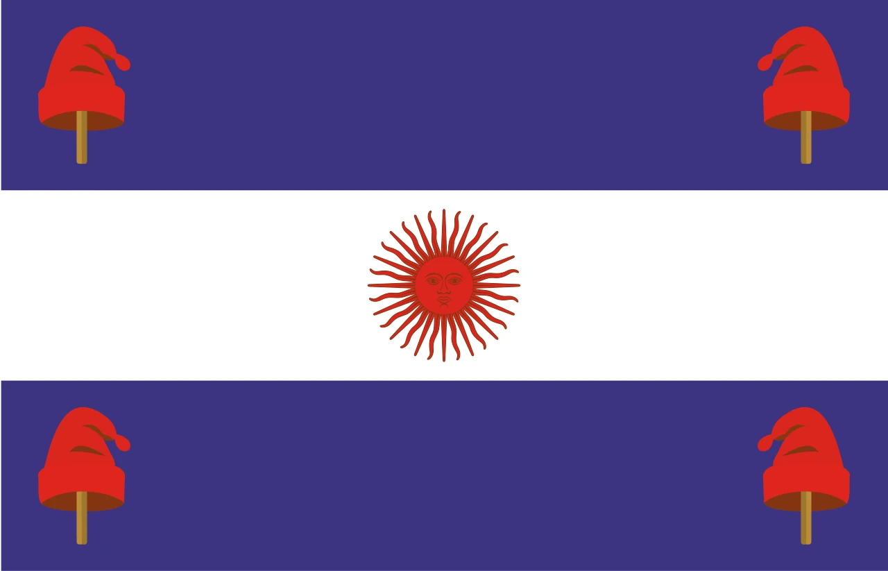 Bandera azul oscuro y blanca con un sol rojo y cuatro gorros rojos