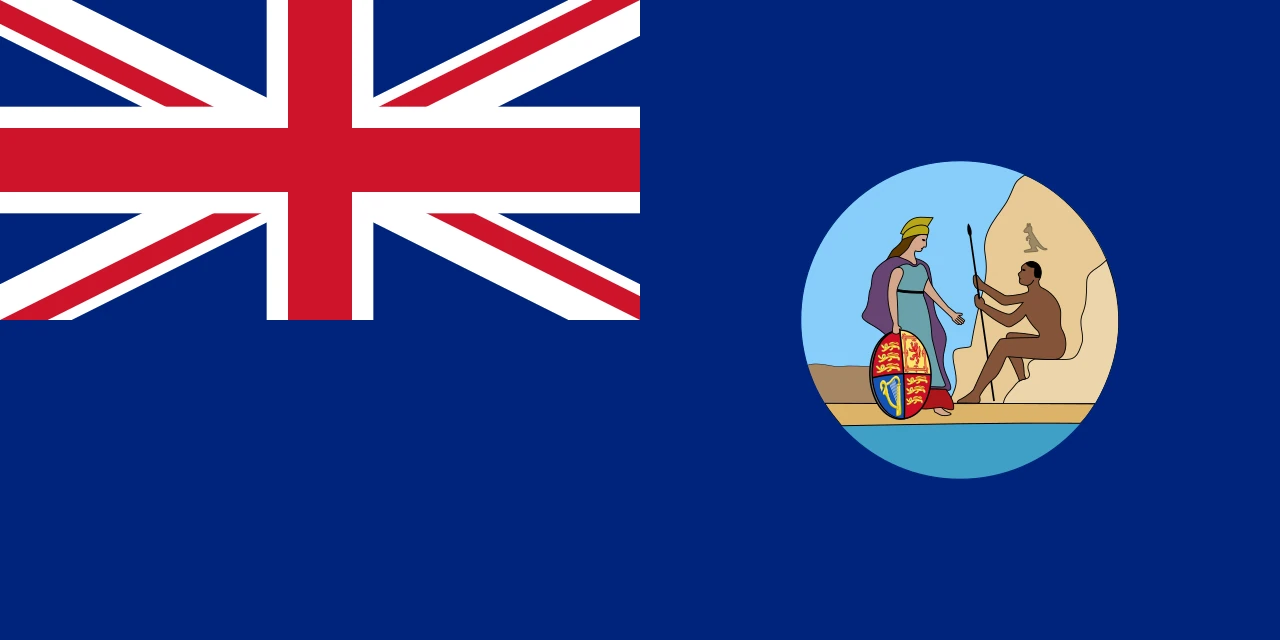 Segona bandera d’Austràlia Meridional: una figura de Britannia arribant a una costa amb un aborigen assegut