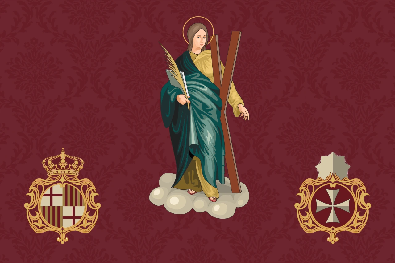 Bandera de Santa Eulàlia: drap carmesí amb la santa al centre i dos escuts