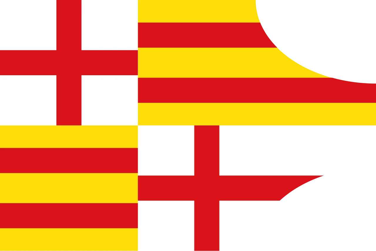 Bandera medieval de Barcelona: quarterada, amb la creu i les barres tombades, rematada en corba