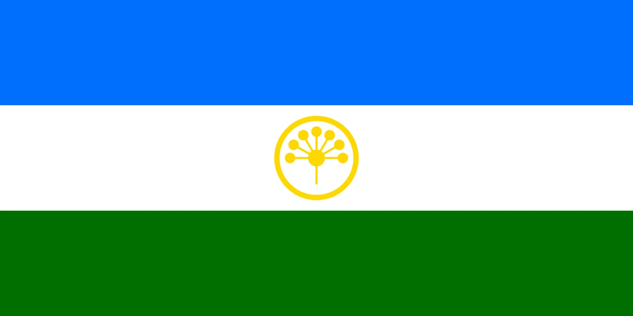 Flag of Bashkortostan of 1992, with a 1:2 ratio, with the three stripes and the seven-petalled flower