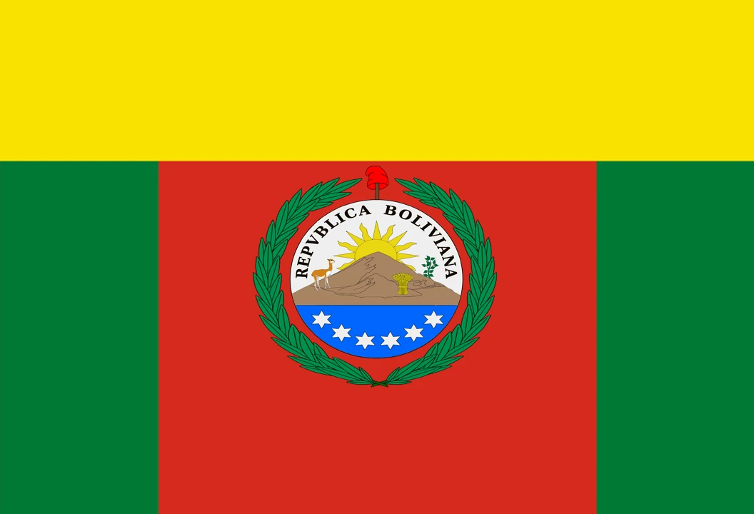 Bandera amb una franja groga adalt i a sota verd, vermella i verd amb l’escut