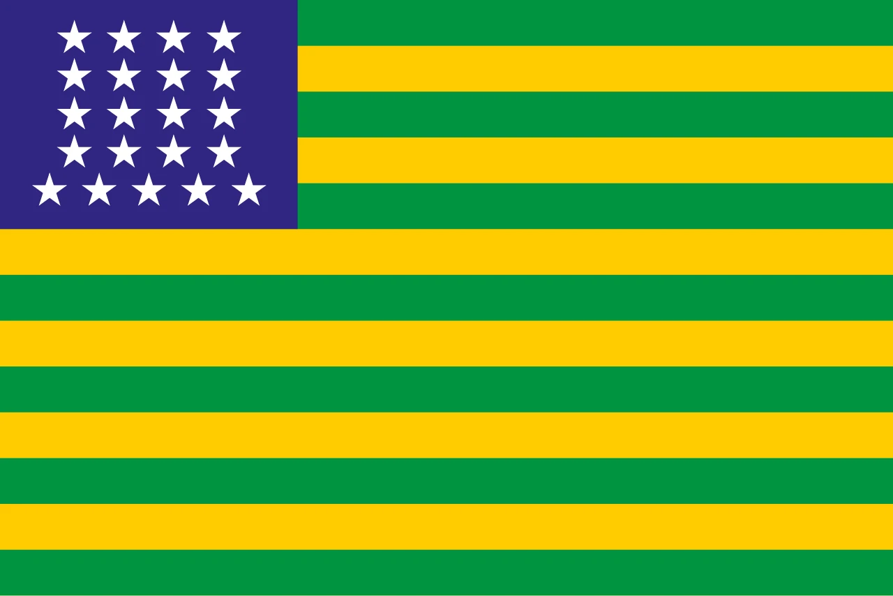 Flag of green and yellow stripes with white stars on a blue rectangle