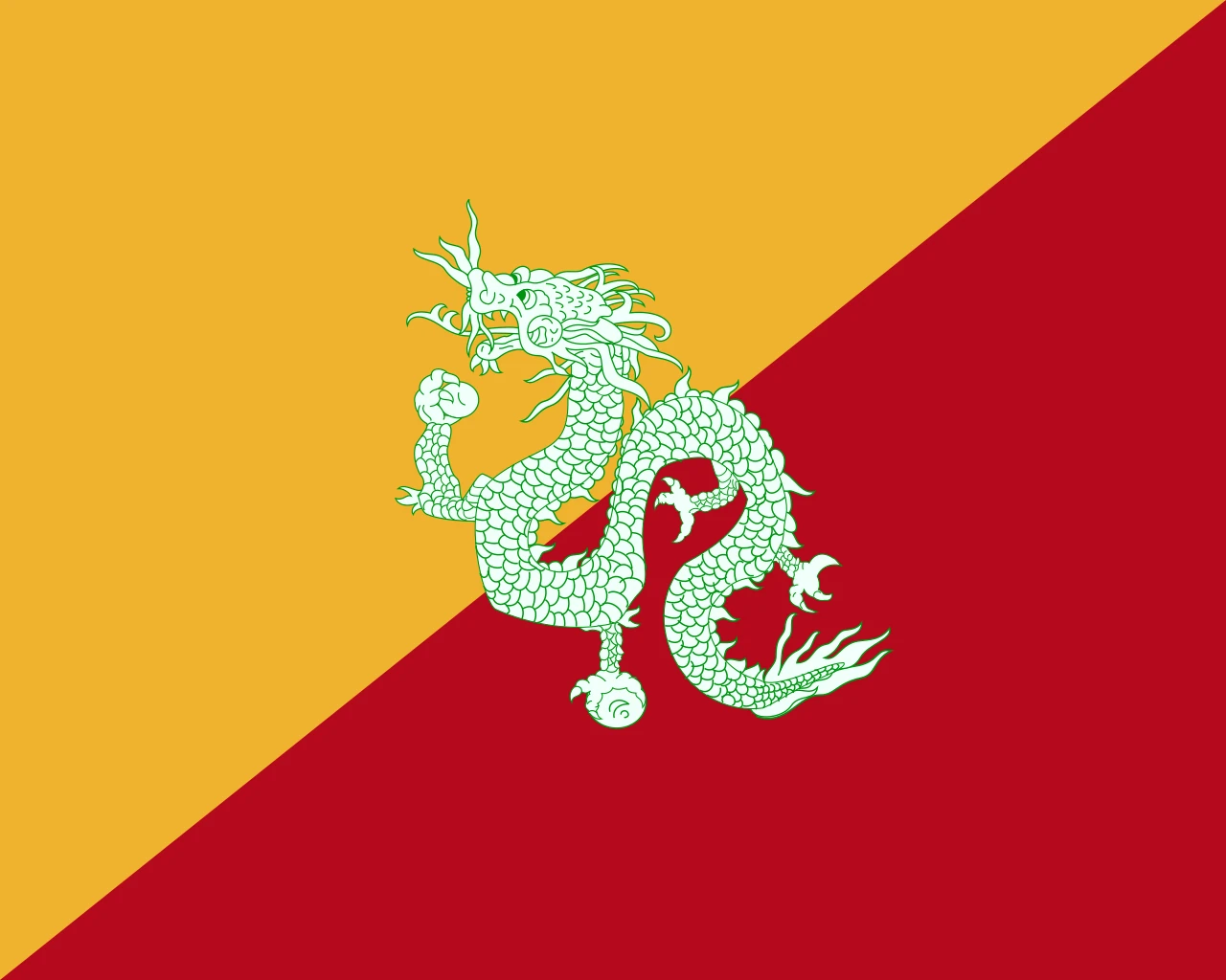 Reconstruction of the first flag of Bhutan, yellow and red with a green dragon