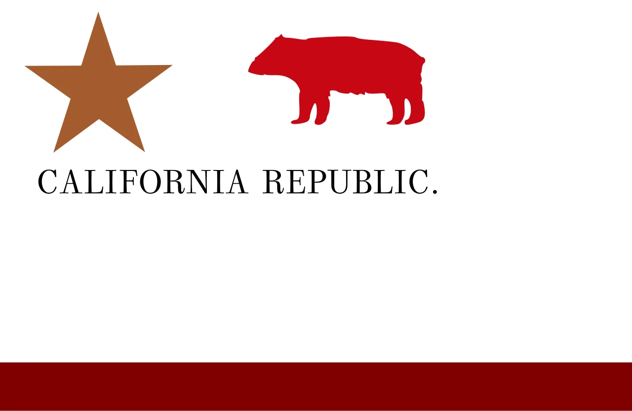 Primera bandera del Oso: estrella, oso rojo, las palabras California Republic y una franja roja abajo