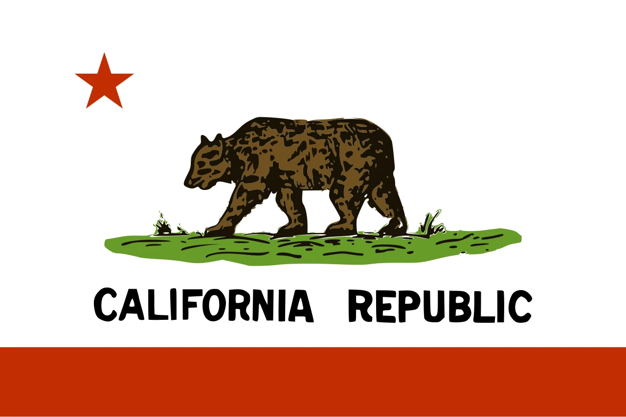 Bandera de California de 1911: estrella roja, oso marrón sobre hierba y las palabras California Republic