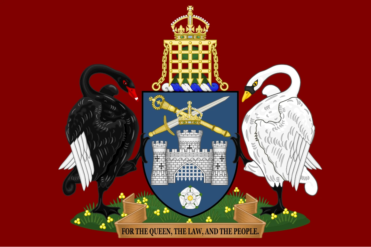 Crimson flag with the full coat of arms of Canberra, the two swans and the motto