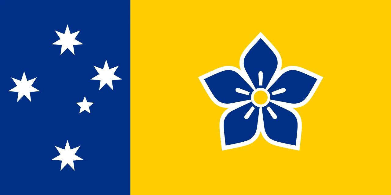 Blue and yellow flag with the Southern Cross and a blue five-petalled flower instead of the coat of arms