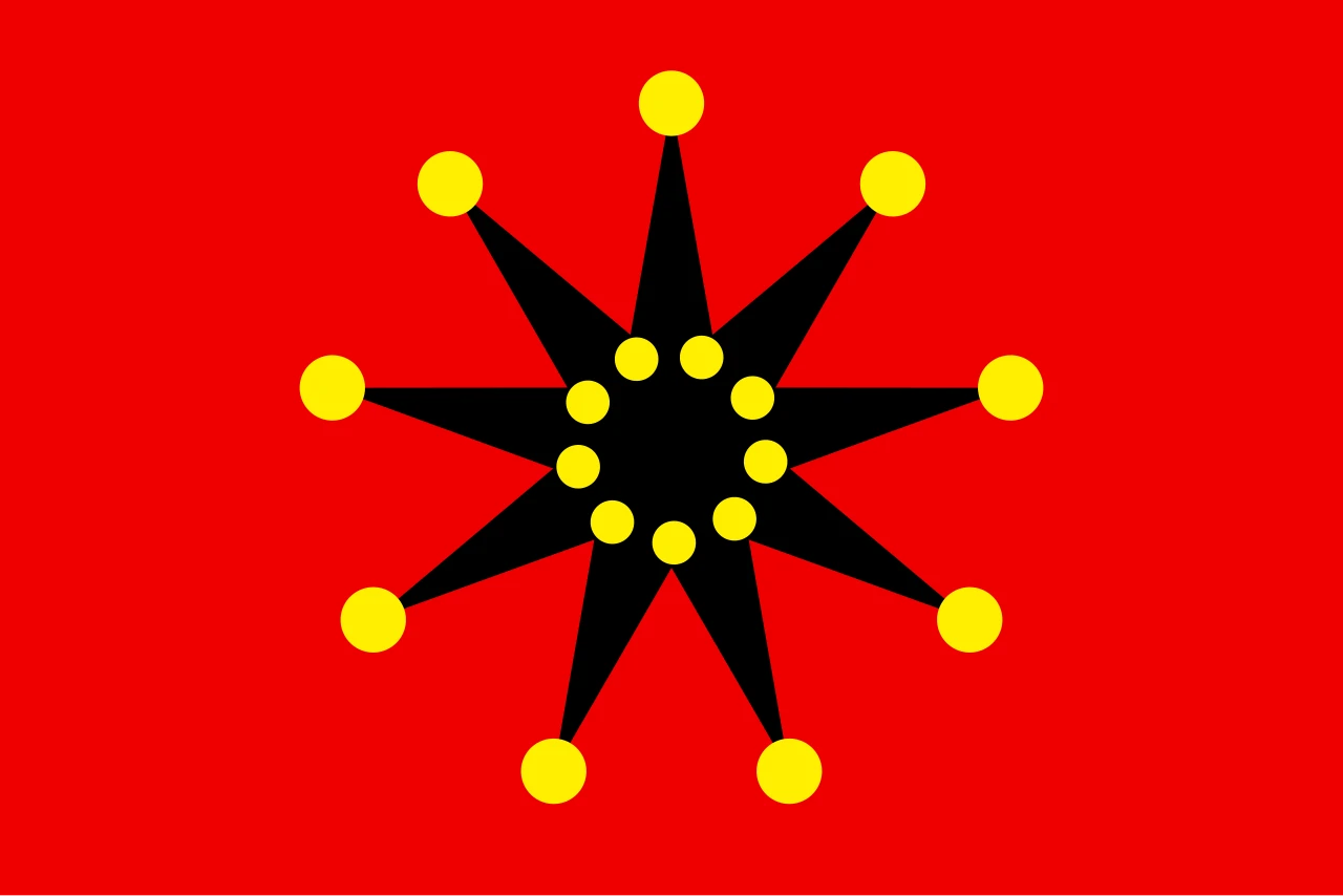 Red flag with a black nine-pointed star and eighteen yellow dots