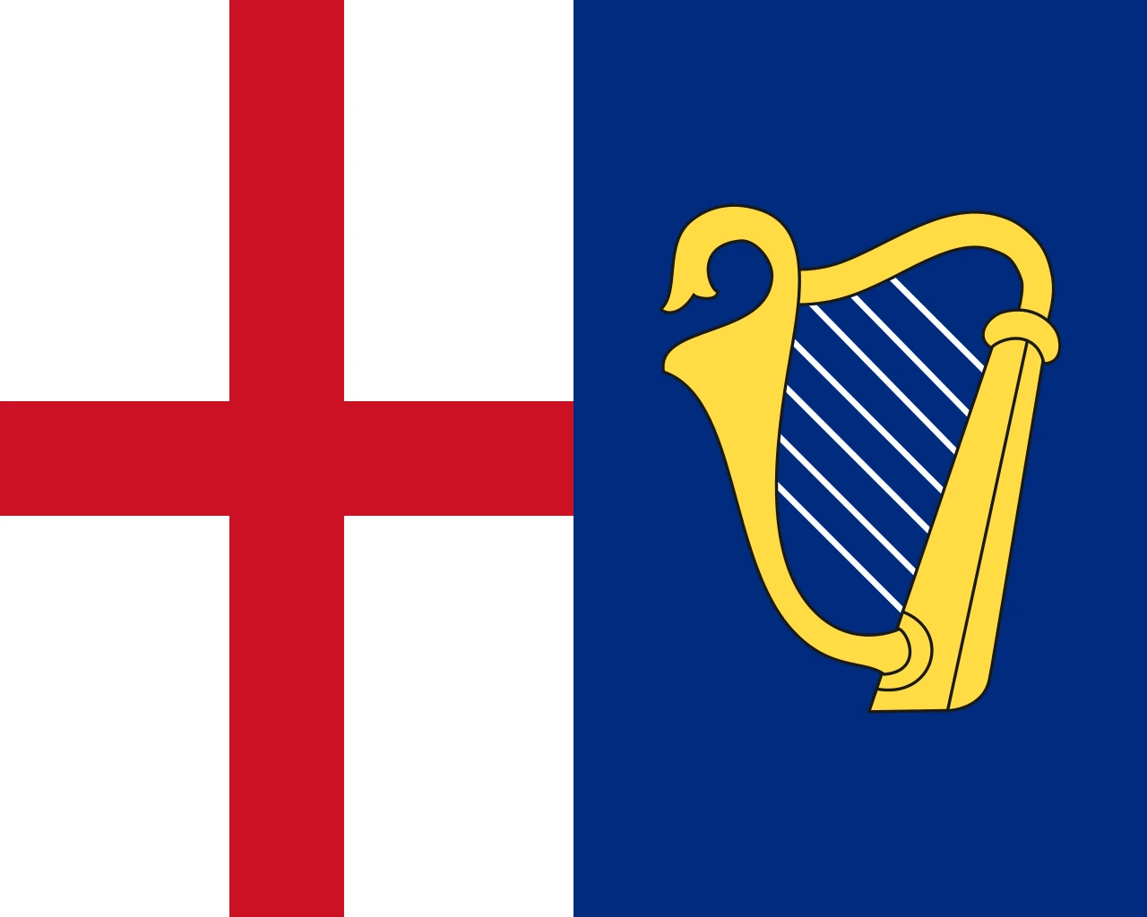 Bandera vermella amb dos escuts: la creu de Sant Jordi i l’arpa daurada d’Irlanda