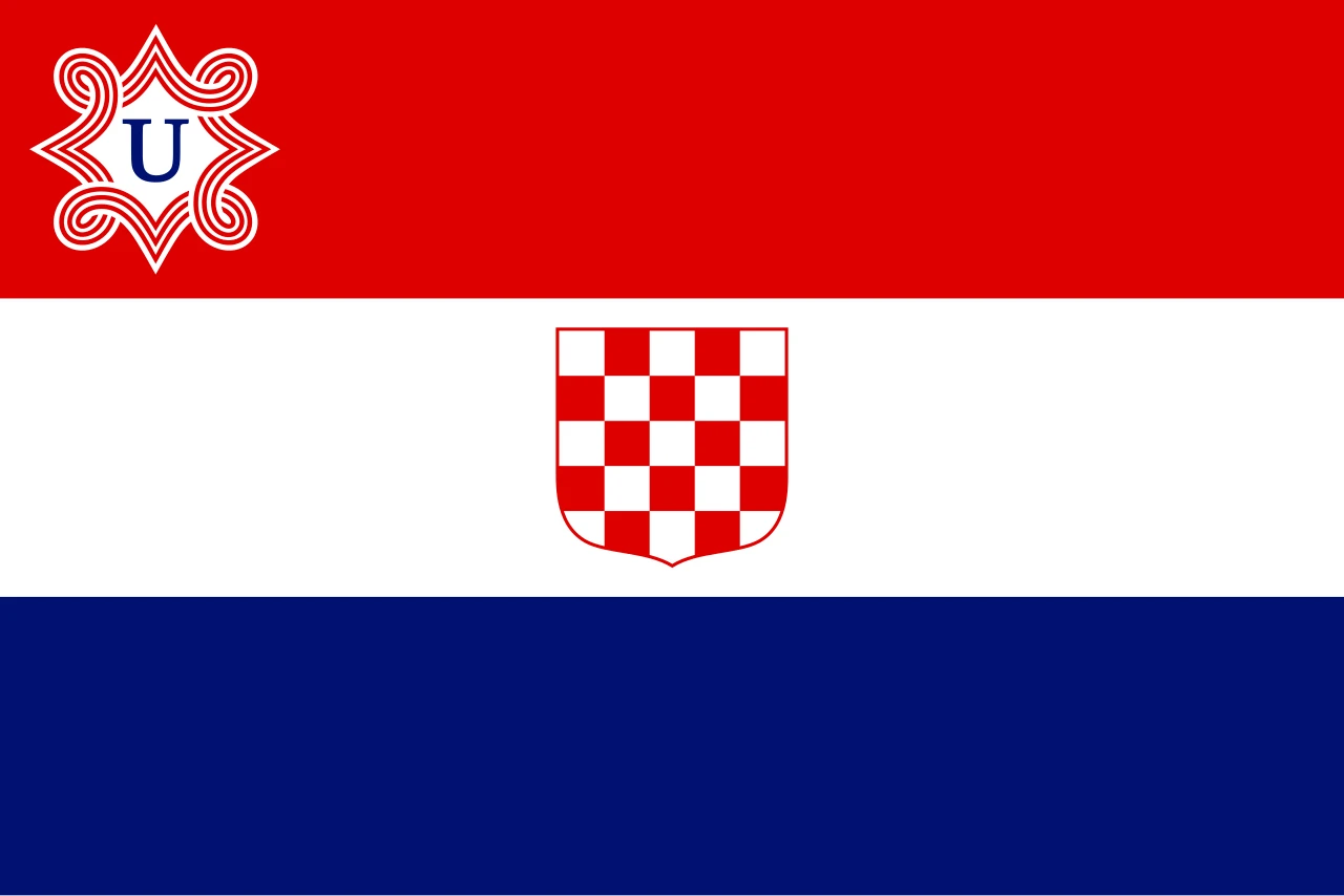 Red, white and blue flag with a chequered shield and a letter U in the corner