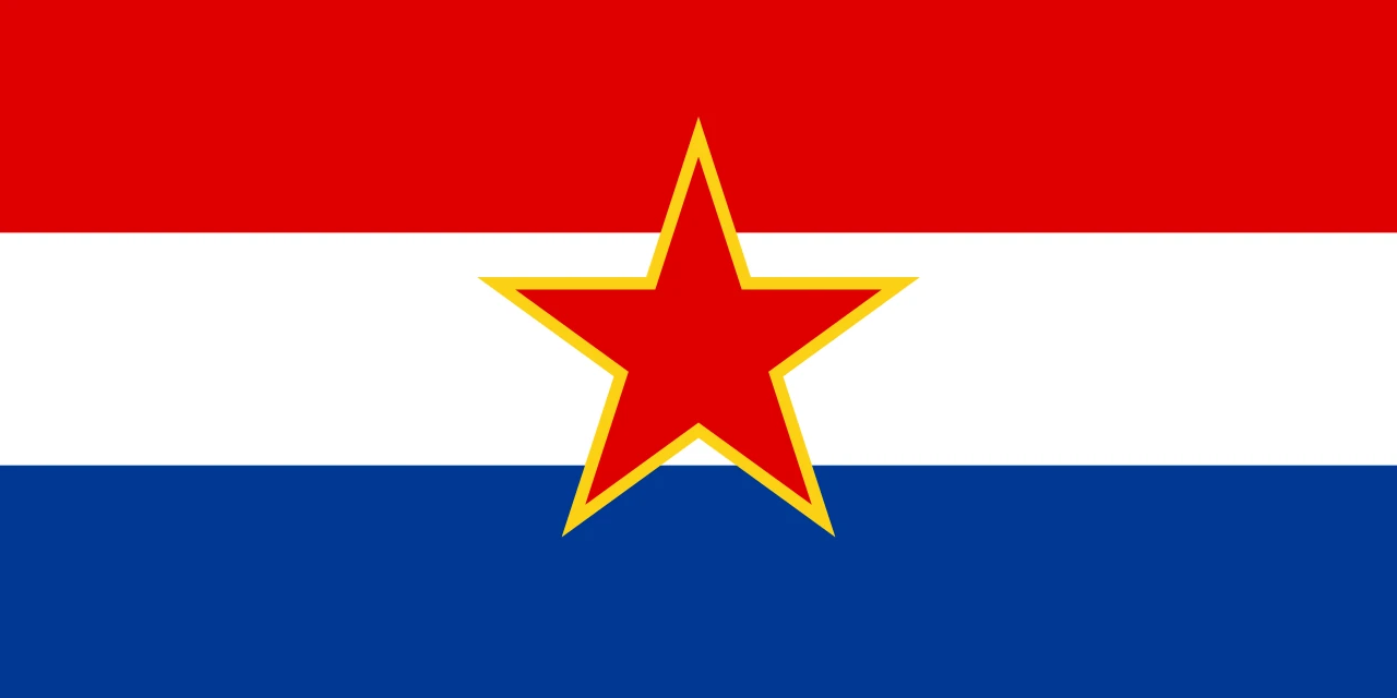 Red, white and blue flag with a red star in the centre