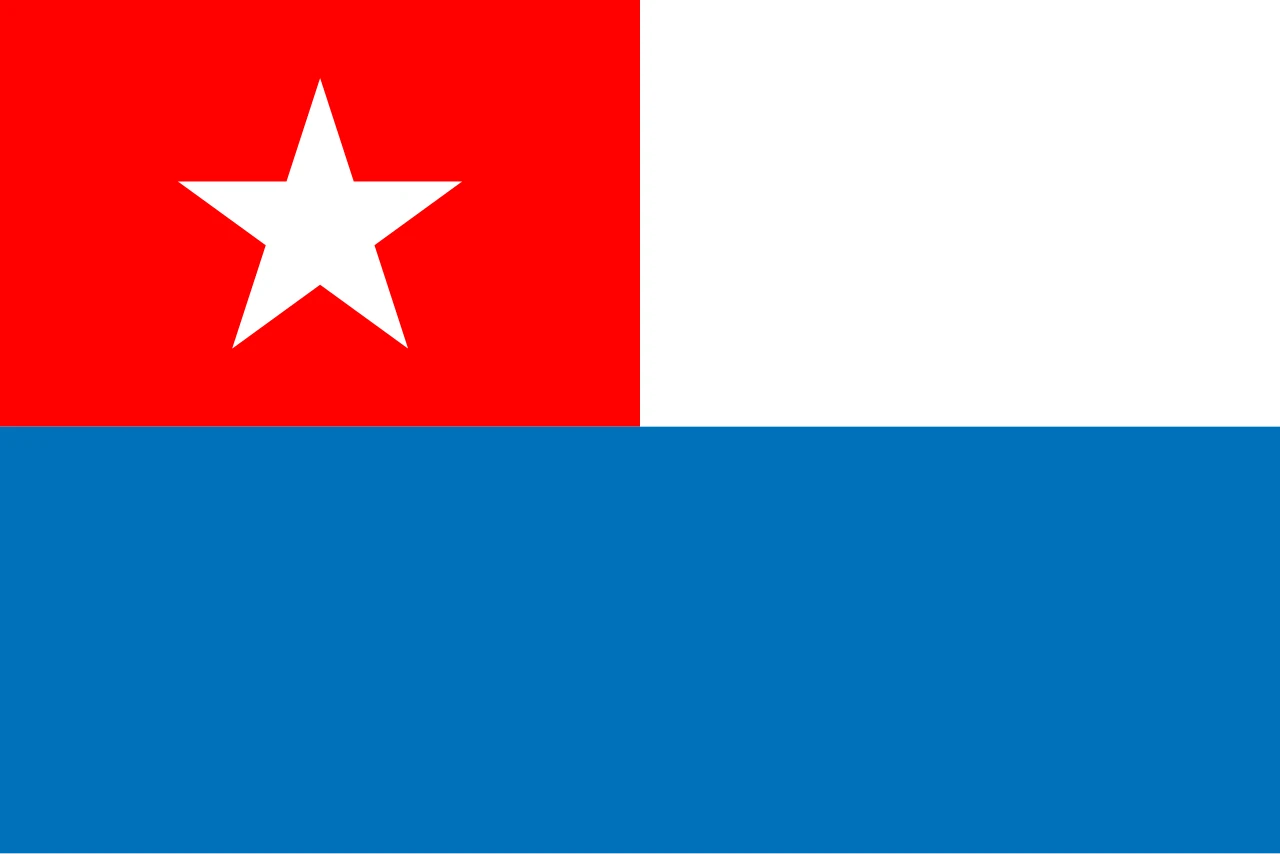 Bandera amb un quadrat vermell amb estrella blanca, una franja blanca i una altra blava