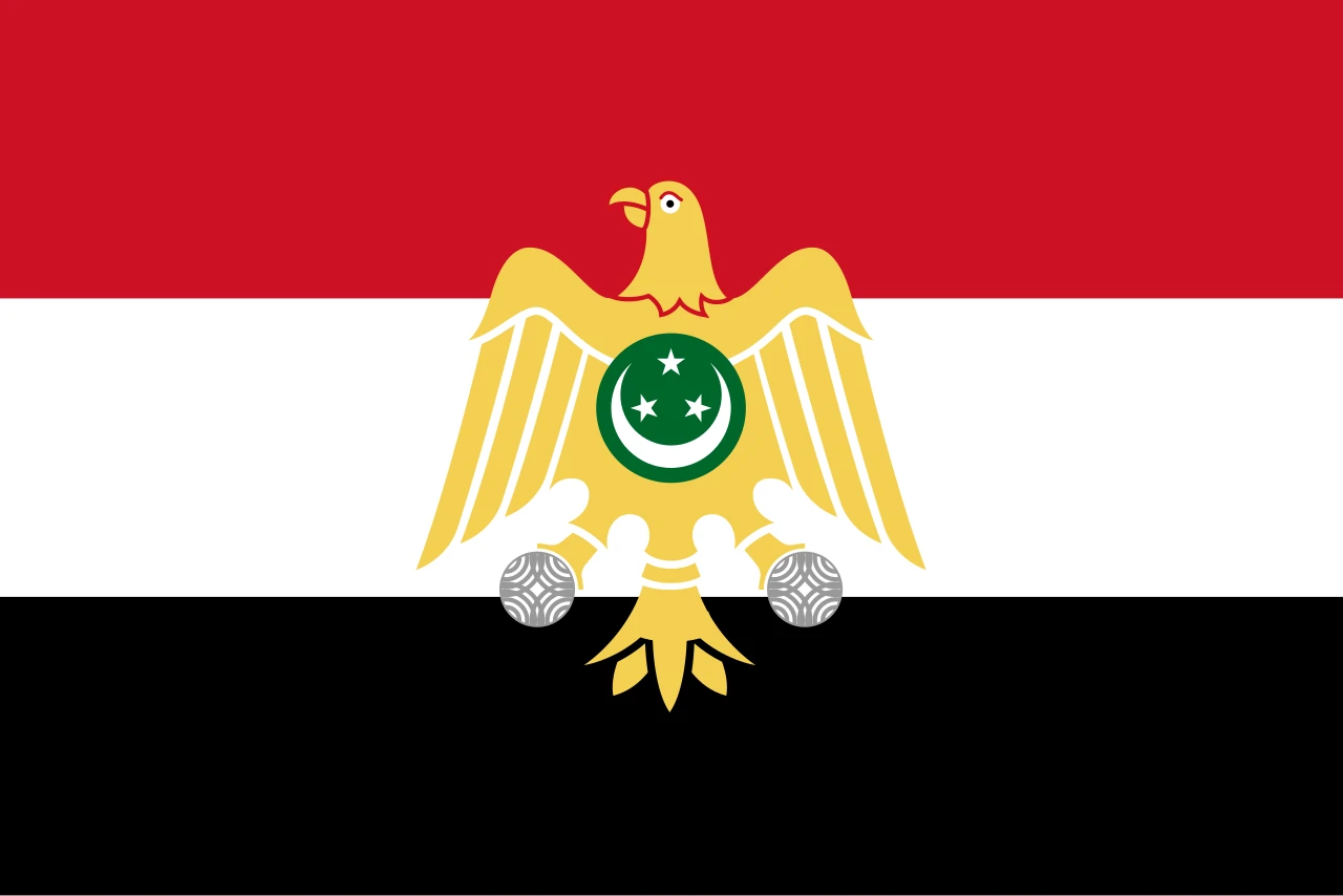 Red, white and black flag with a golden eagle carrying the green flag on its chest