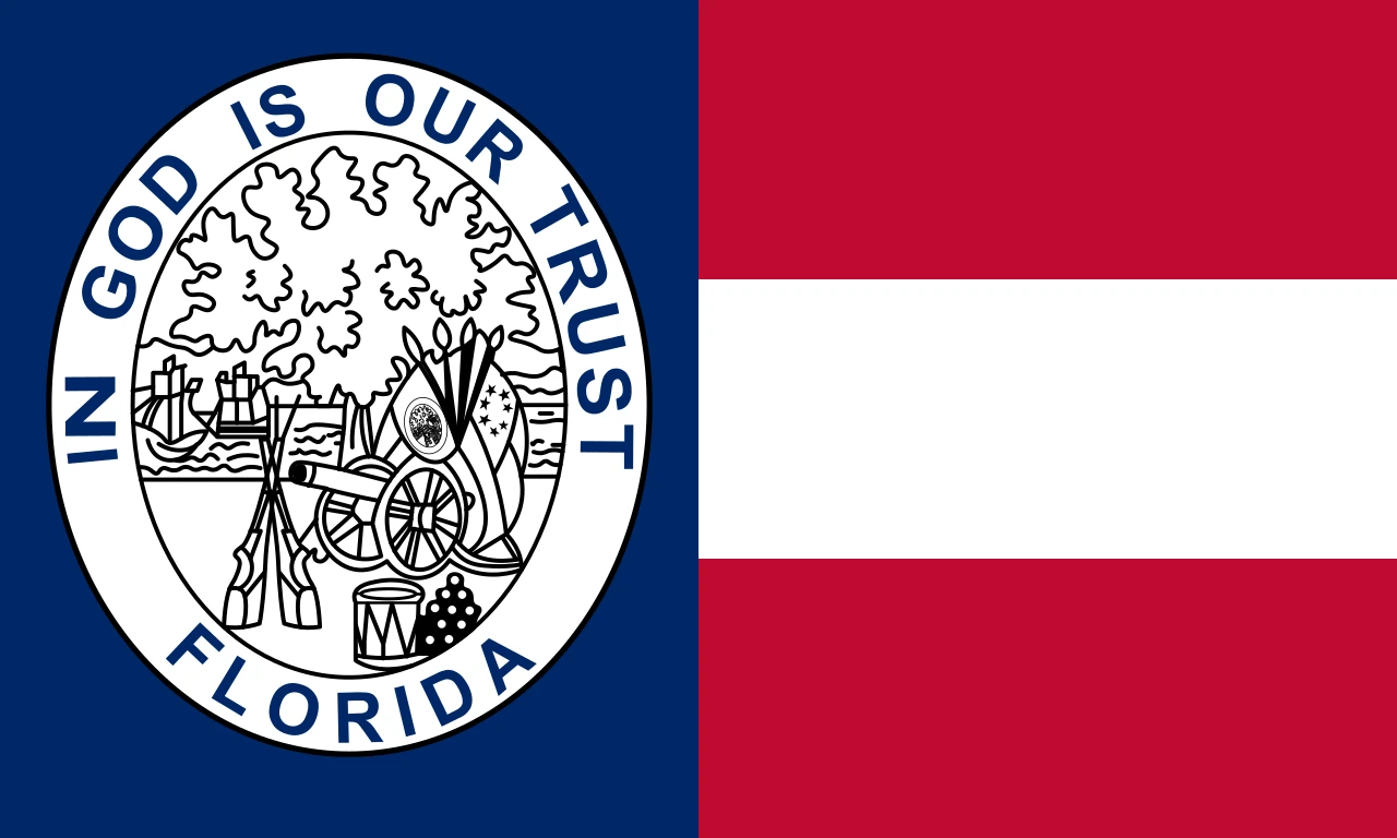 Bandera de Florida del 1861: tres franges vermelles i blaques amb un cantó blau amb el segell