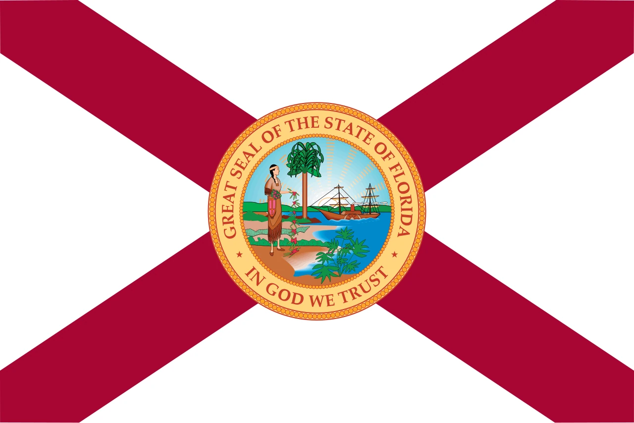 Bandera de Florida del 1900: aspa vermella sobre blanc amb el segell antic