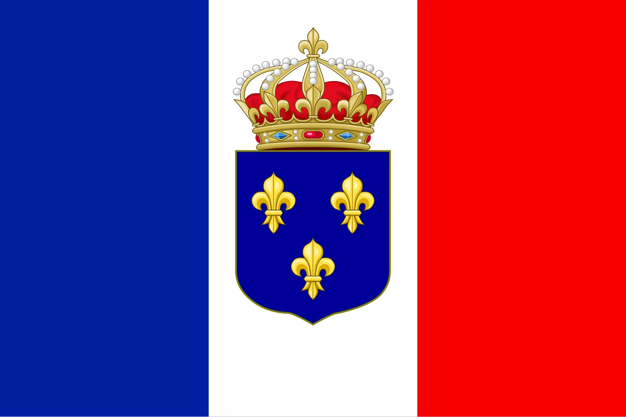Bandera tricolor amb la corona reial sobre el drap blanc i lis a les tres franges