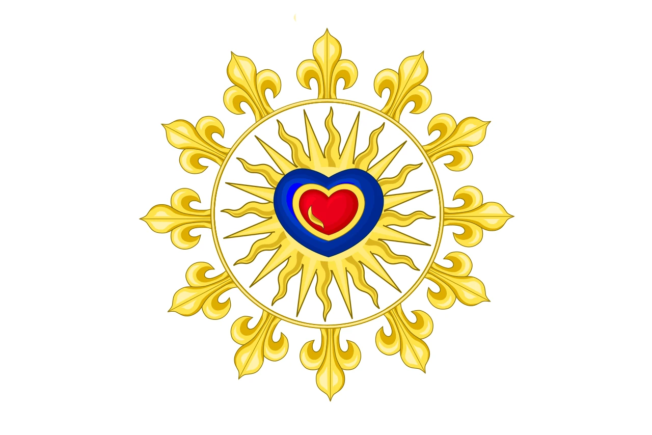 Bandera blanca amb un escut coronat i flanquejat per dos leons