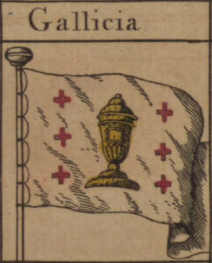 Dibuix antic d’una bandera blanca amb un càlixer daurat i sis creus vermelles