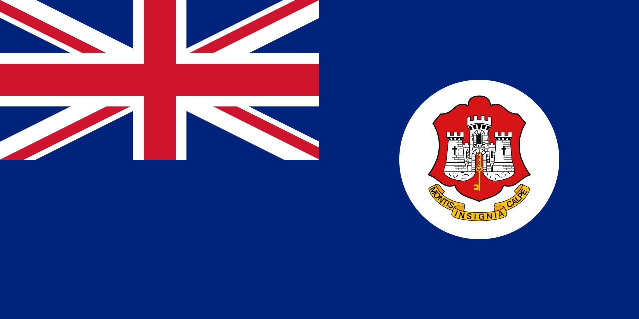Blue flag with the Union Jack in the corner and the Gibraltar Castle in a white circle