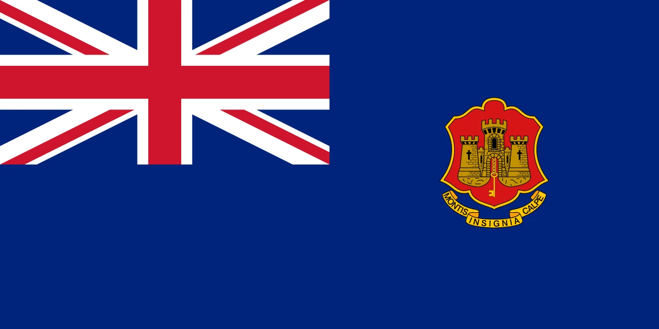 Blue flag with the Union Jack in the corner and the arms of Gibraltar
