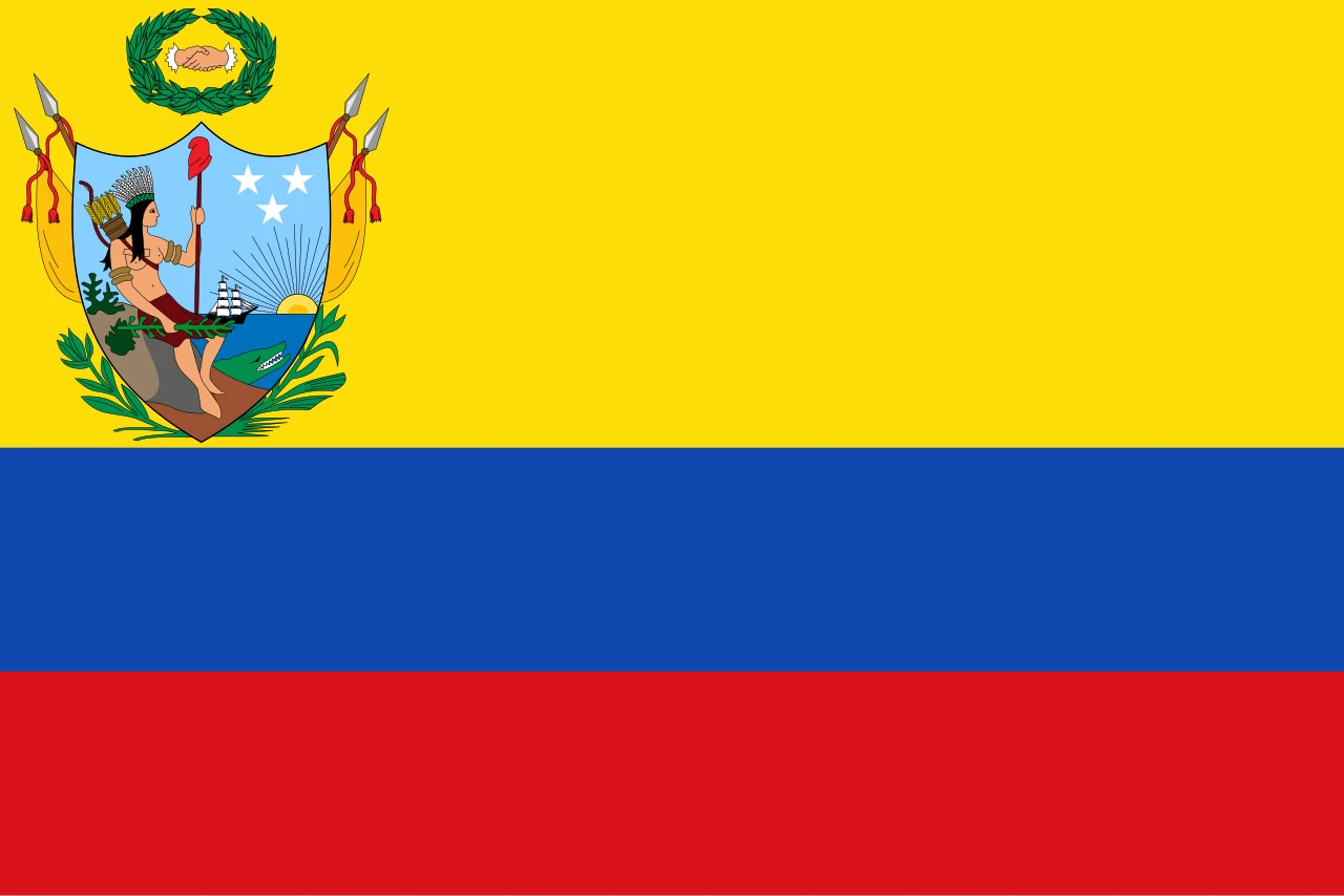 Bandera de la Gran Colombia de 1819: franja amarilla doble, azul y roja, con el escudo de Venezuela junto al asta