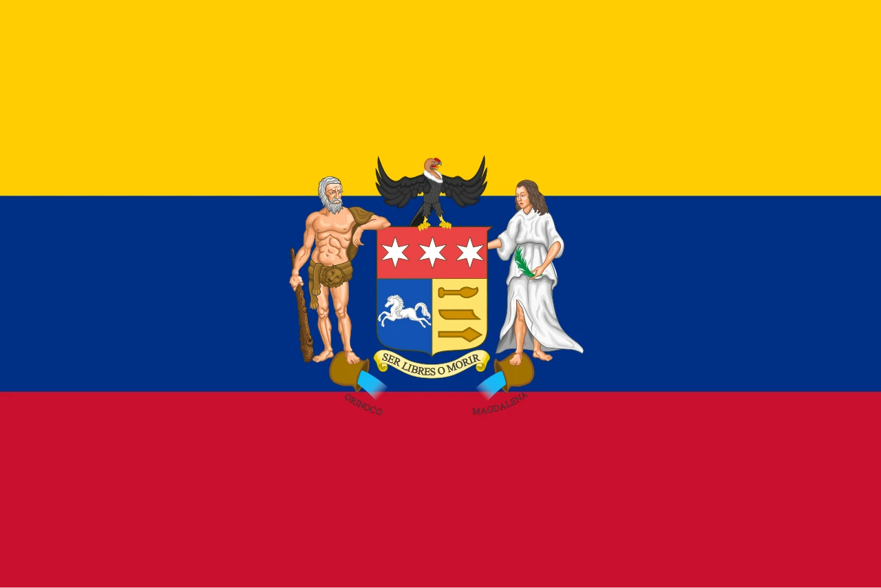 Tricolor groc, blau i vermell amb un escut amb tres estrelles, un cavall i un còndor, entre dues figures humanes