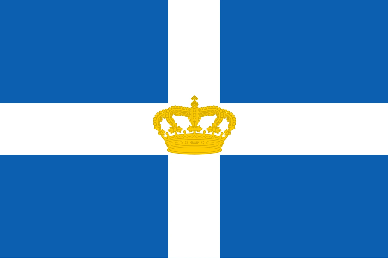 Bandera blava amb una creu blanca i una corona daurada al centre