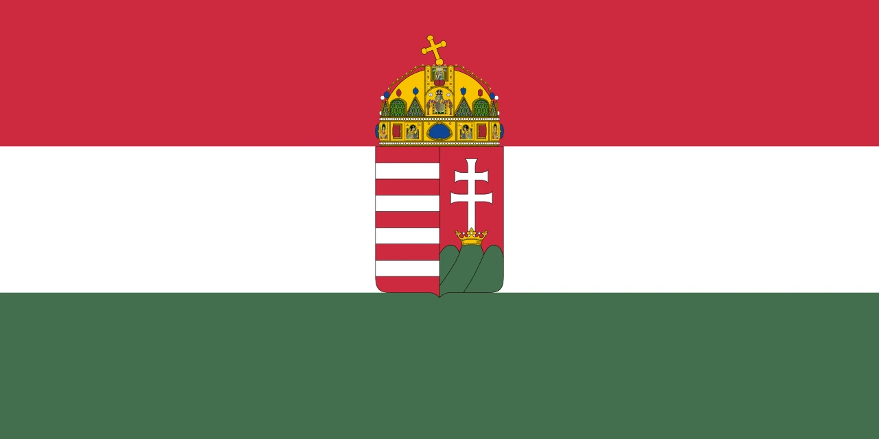 Bandera roja, blanca y verde con el escudo coronado en el centro
