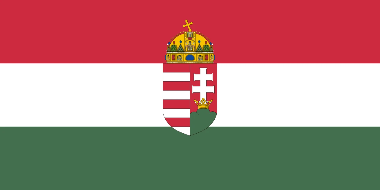 Bandera roja, blanca y verde con el escudo bajo la corona de San Esteban