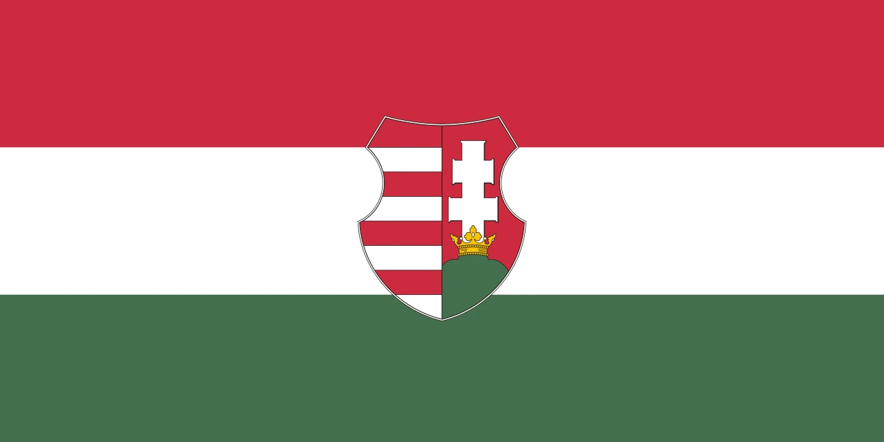 Bandera roja, blanca y verde con un escudo sin corona