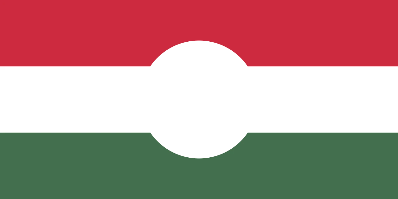 Bandera roja, blanca y verde con un agujero redondo en el centro