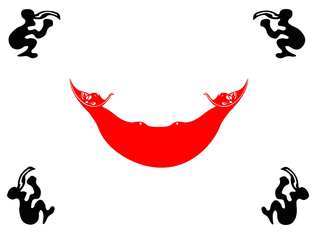 White flag with a red reimiro in the centre and four black bird-men in the corners