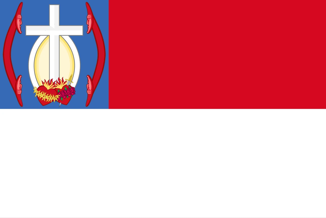 Chilean flag with the colours swapped and a blue canton with a cross, two hearts and two reimiros