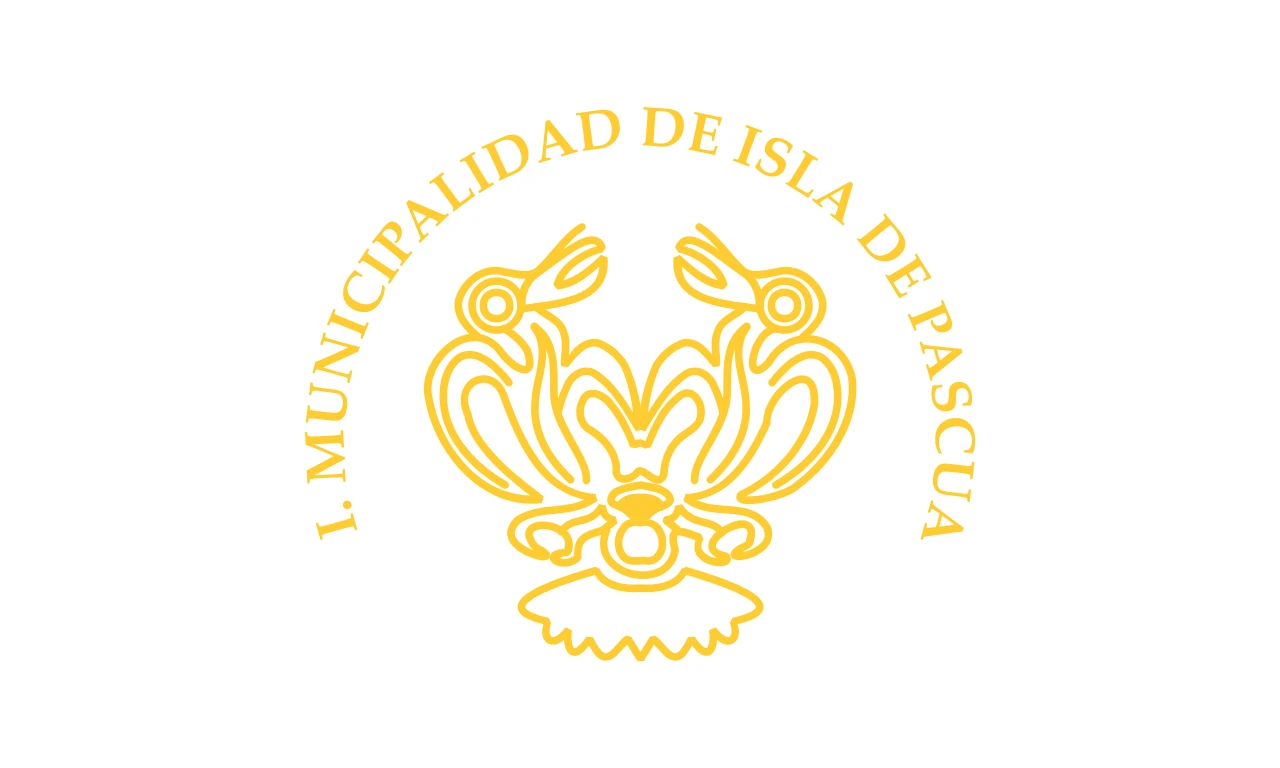 White flag with a golden emblem and the text I. Municipalidad de Isla de Pascua