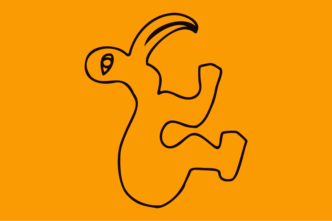 Orange flag with the black silhouette of a bird-man