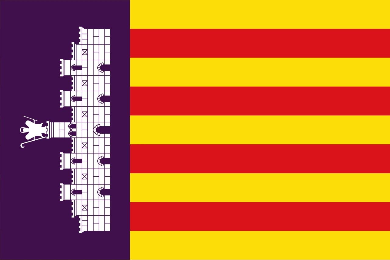 Bandera de las cuatro barras con una franja morada junto al asta y un castillo blanco tumbado