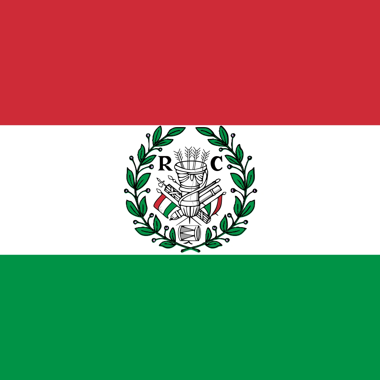 Flag of the Cispadane Republic, with horizontal red, white and green stripes and an emblem in the centre