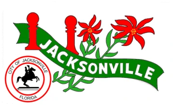 Bandera blanca amb una cinta verda amb la paraula Jacksonville, flors vermelles i el segell de la ciutat