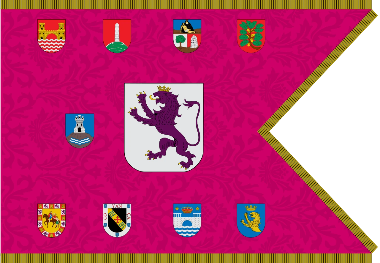 Flag of the province of León of 1960, with the coat of arms of the city and those of the judicial districts