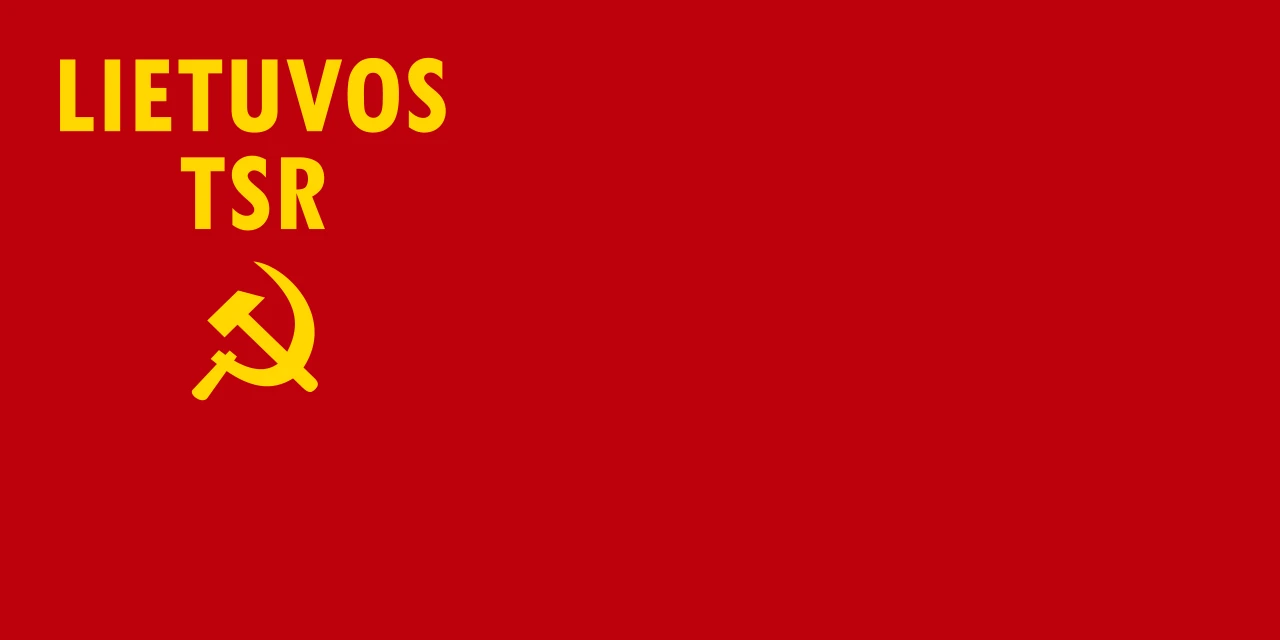 Red flag with the hammer and sickle of Soviet Lithuania