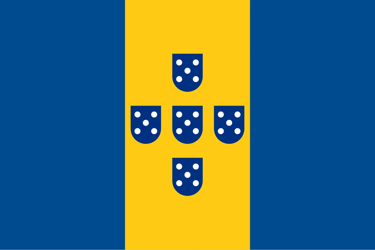 Bandera blava, groga i blava amb cinc escuts blaus en creu a la franja central
