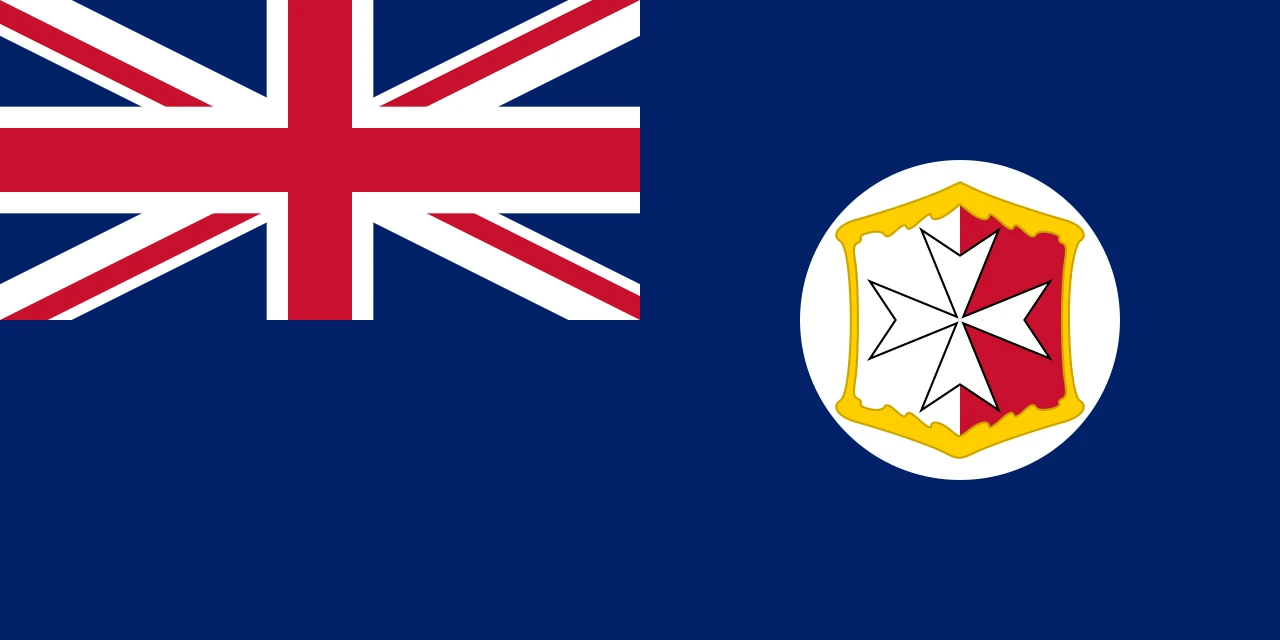 Bandera azul con la del Reino Unido en la esquina y el escudo de Malta a la derecha