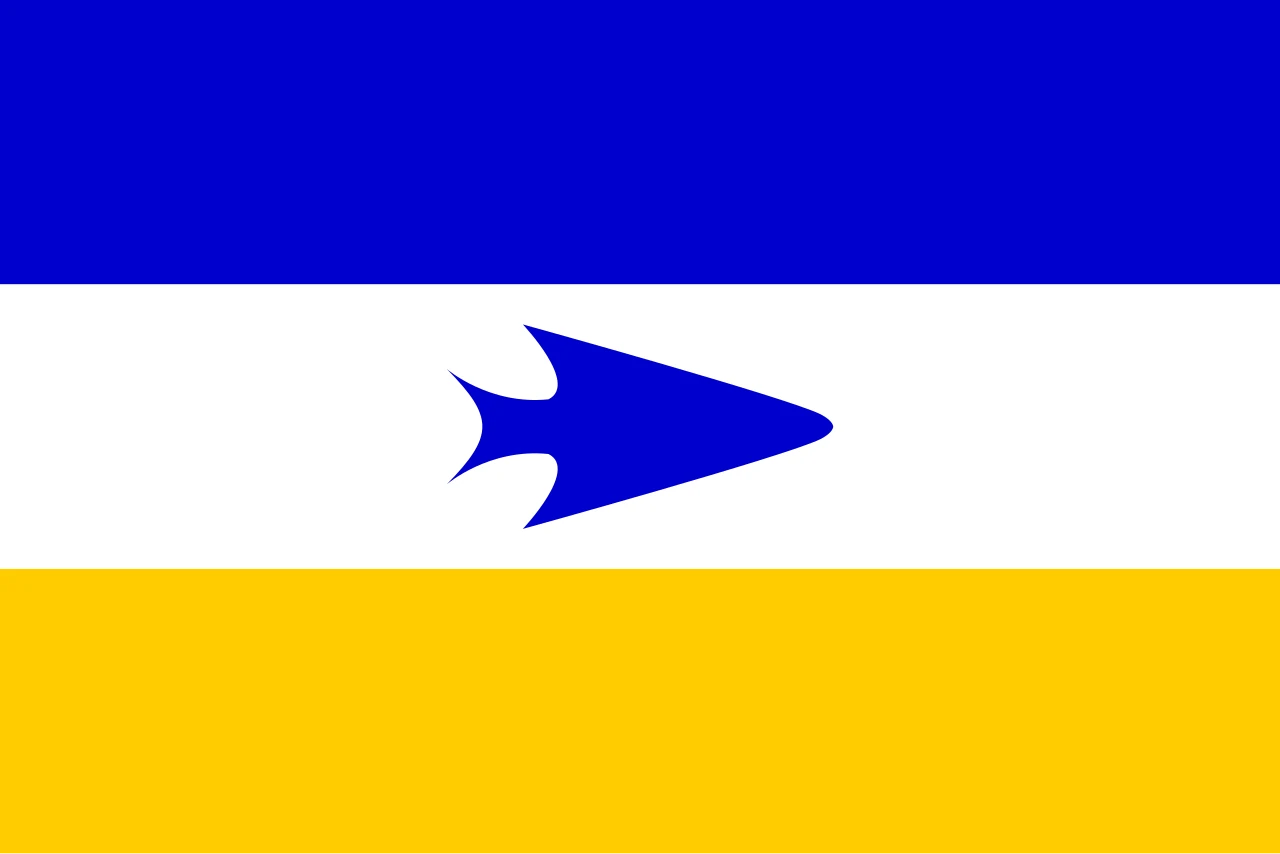 Bandera de franges blava, blanca i groga amb una punta de fletxa blava