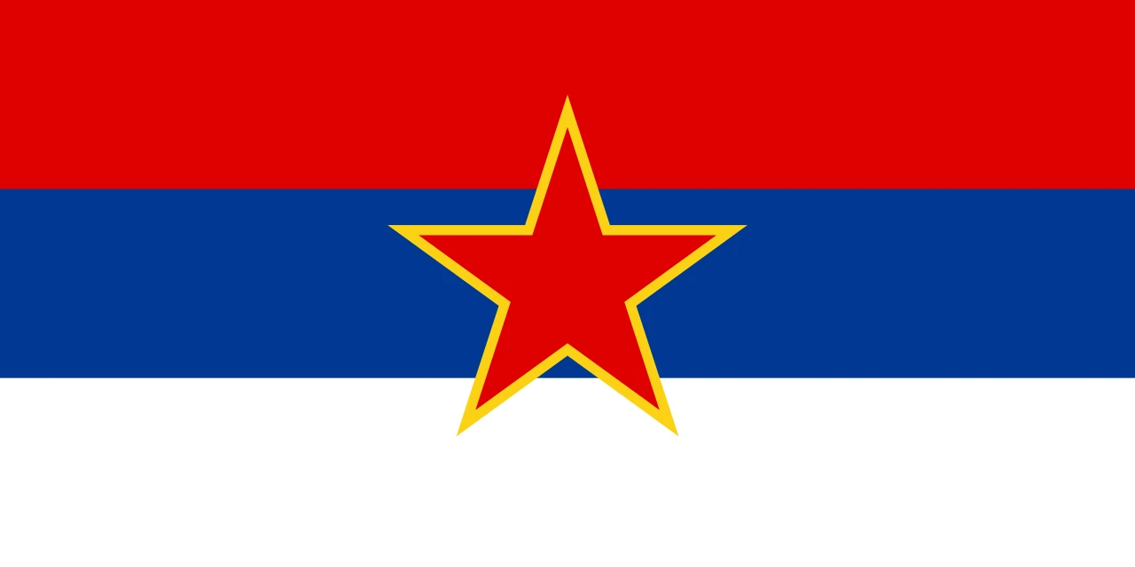 Bandera vermella, blava i blanca amb una estrella vermella al centre