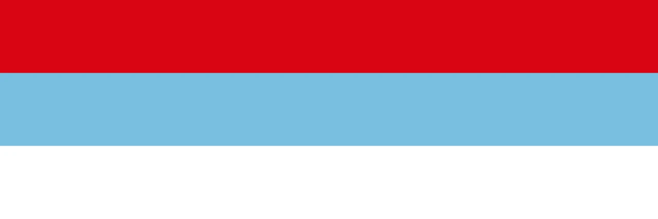 Bandera molt allargada vermella, blau clar i blanca