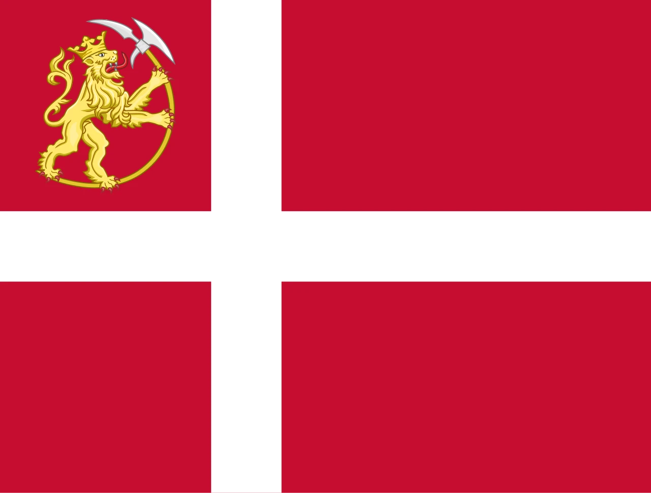 Bandera vermella amb creu blanca i un lleó daurat amb una destral a la cantonada superior