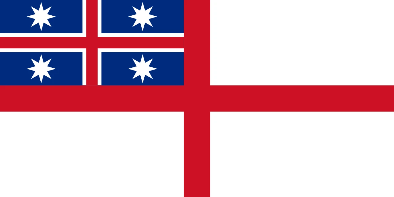 White flag with a red cross and a blue canton with four stars